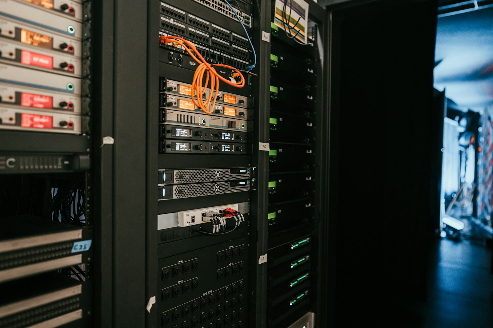 Rows of servers and network equipment in a data centre