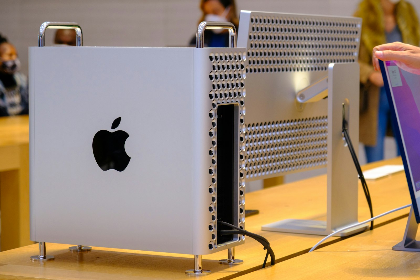 An Apple Mac Pro tower on display in a store