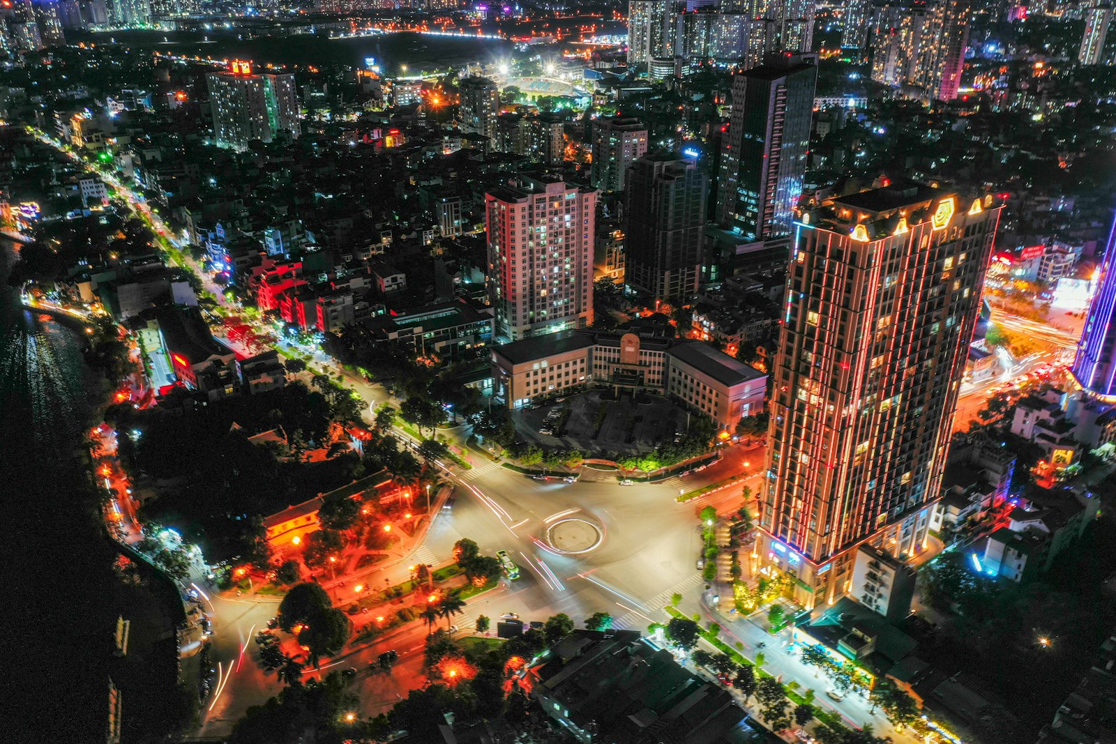 Aerial night view of Hanoi, where Apple says it will open its first Vietnam education center. Illustrative photograph; it does not show the center.