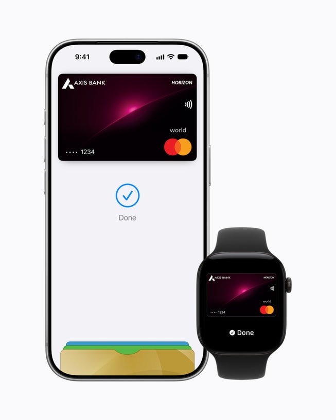 Apple Pay on an iPhone and Apple Watch displaying an Axis Bank card